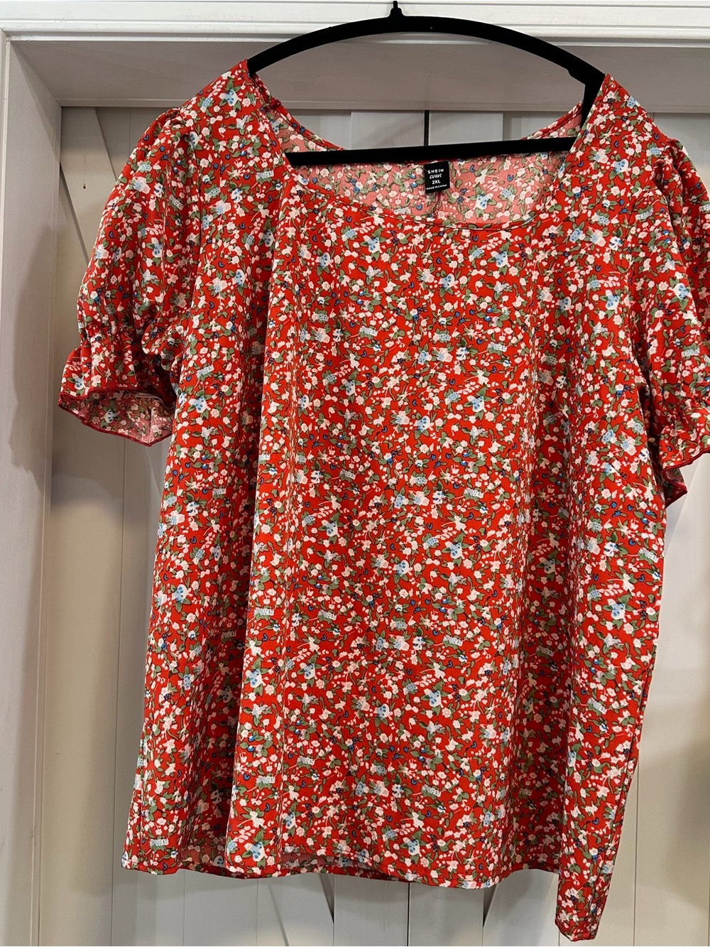 SHEIN Red Floral Square-Neck Blouse